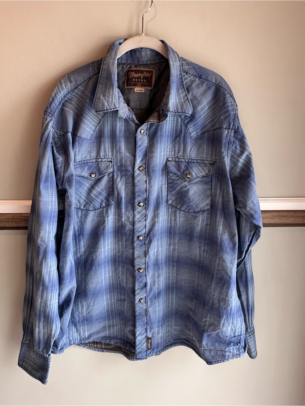 Wrangler Retro Western Pearl Snap Shirt Blue Plaid Long Sleeve